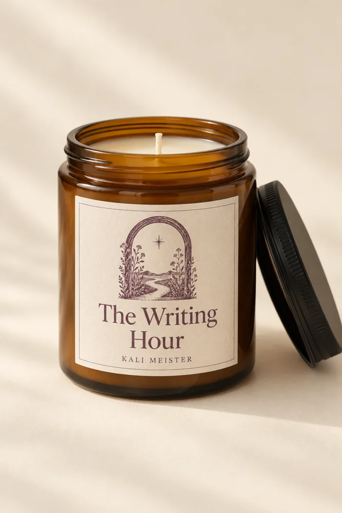 The Writing Hour candle concept with an amber jar and cream botanical label